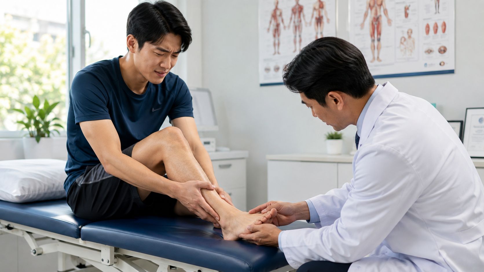 A doctor in a white coat examines the ankle of a male patient sitting on an examination table.