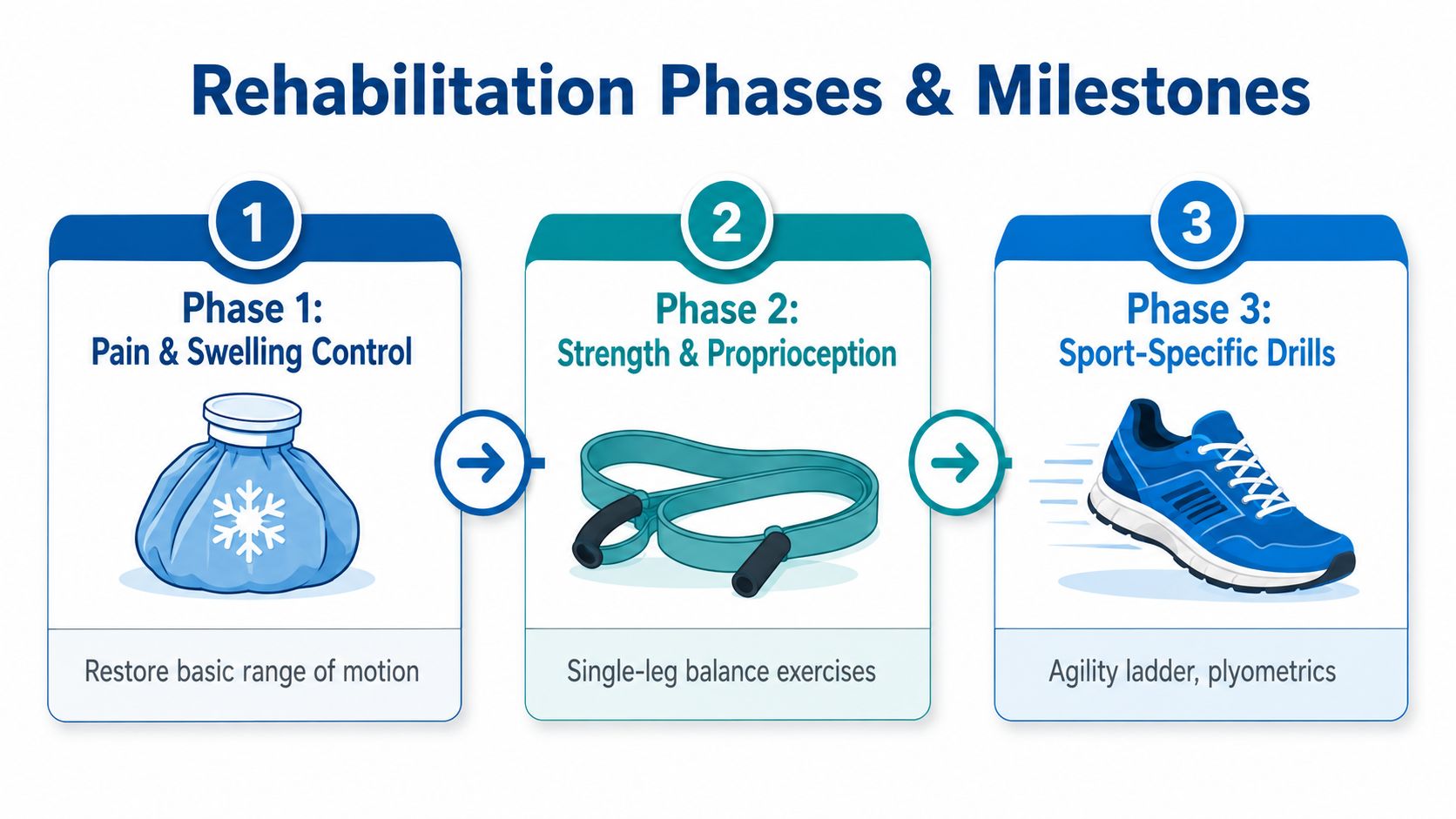 A diagram outlining three progressive phases for high ankle sprain recovery, featuring ice packs, resistance bands, and running shoes.