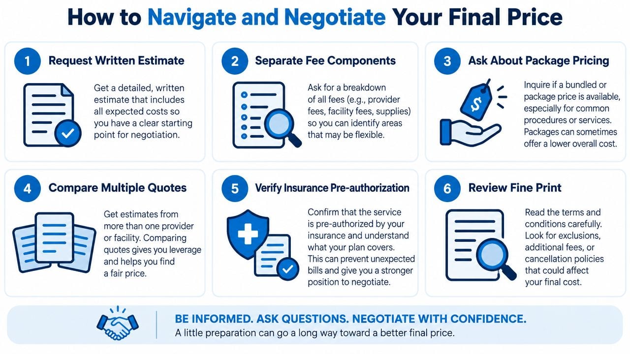 A six-step infographic guide explaining how to navigate and negotiate the final cost of medical services.