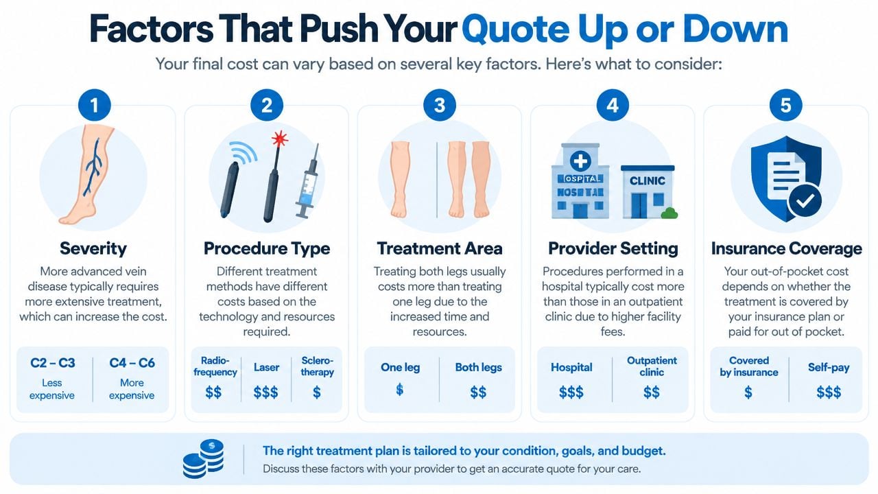 An infographic showing five key factors that influence the total cost of varicose vein treatment procedures.