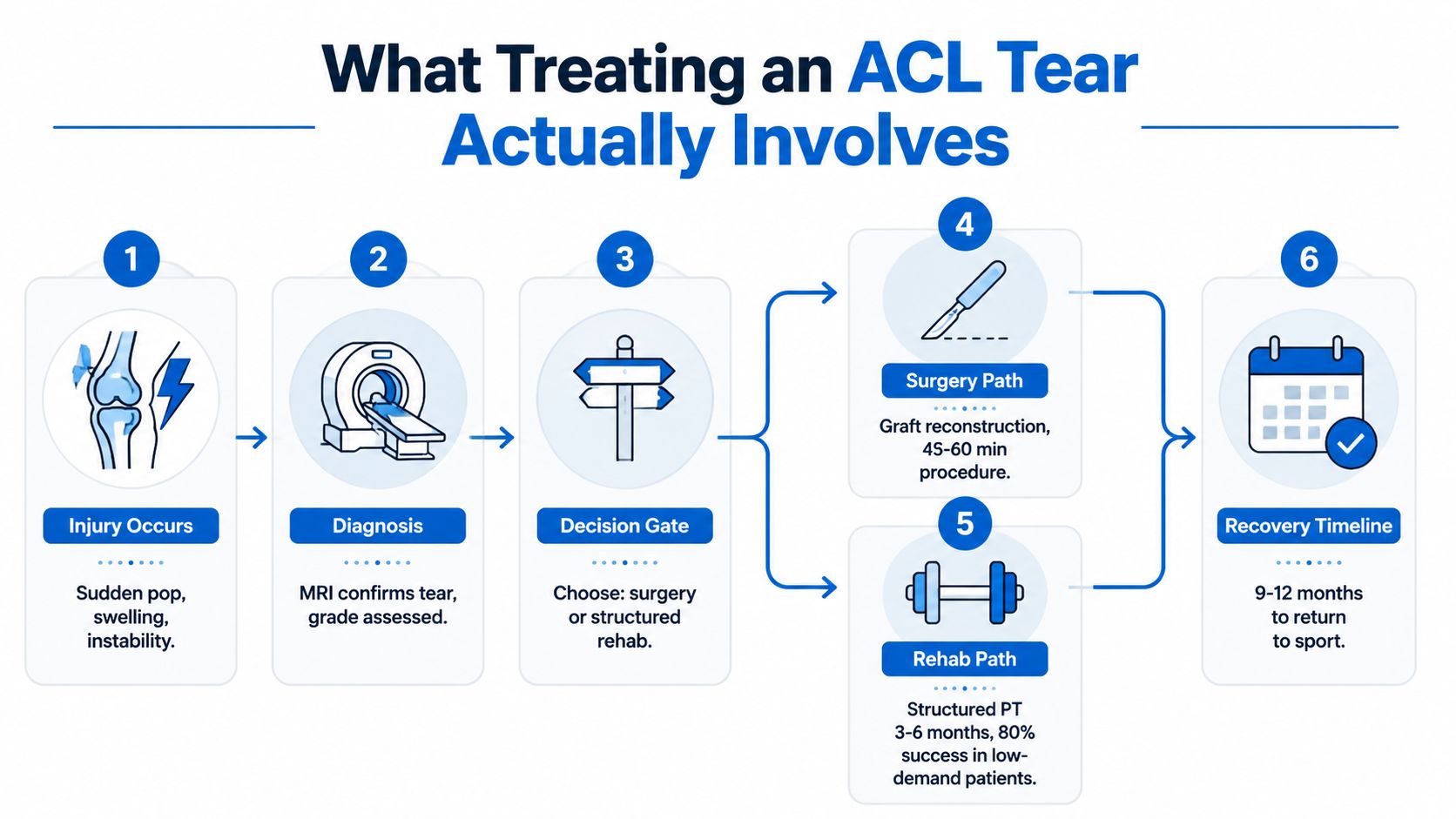 A flowchart infographic detailing the six-step process for treating an ACL knee injury from diagnosis to recovery.
