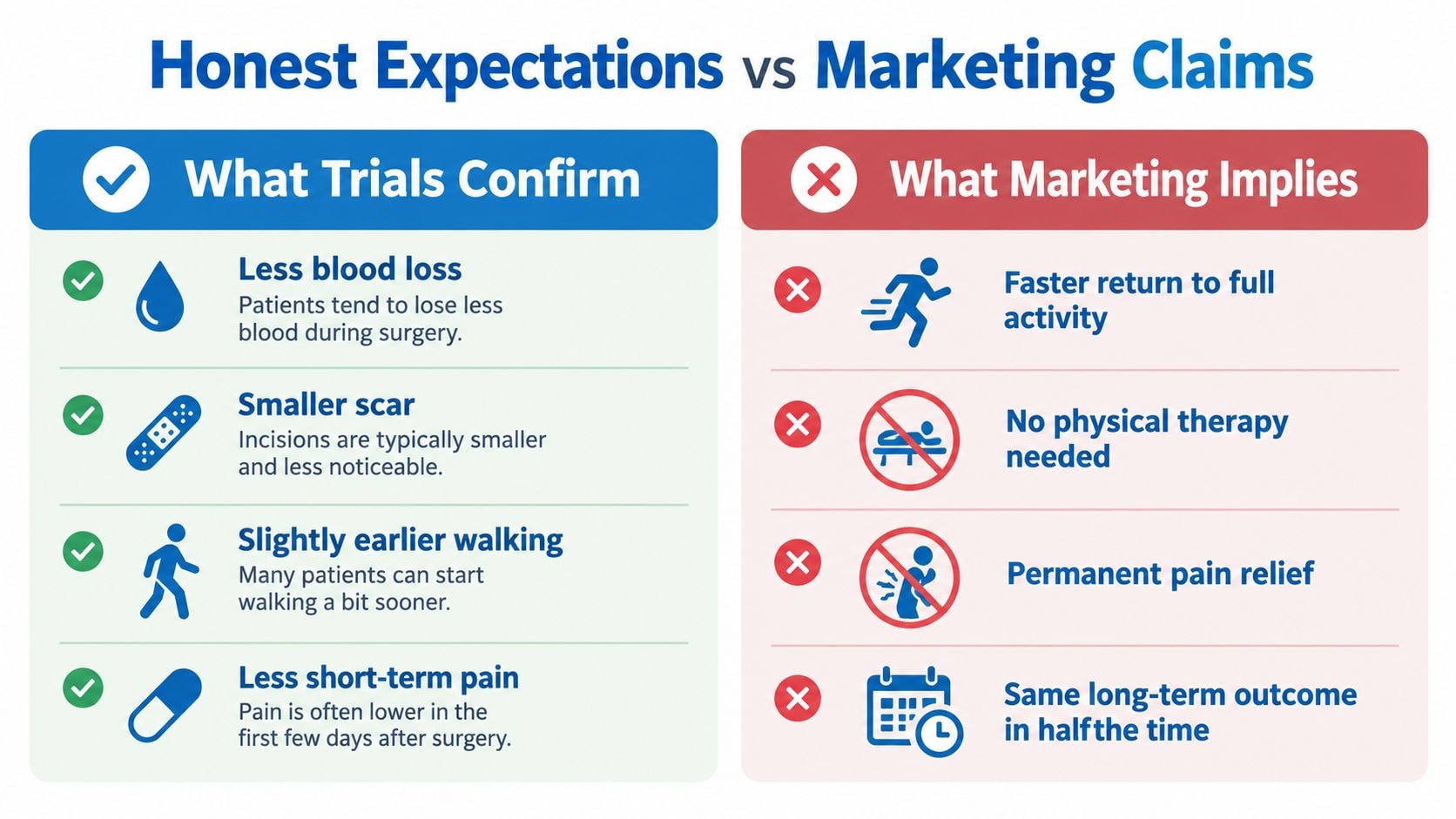 A comparison chart showing realistic trial findings versus exaggerated marketing claims regarding minimally invasive knee replacement recovery.