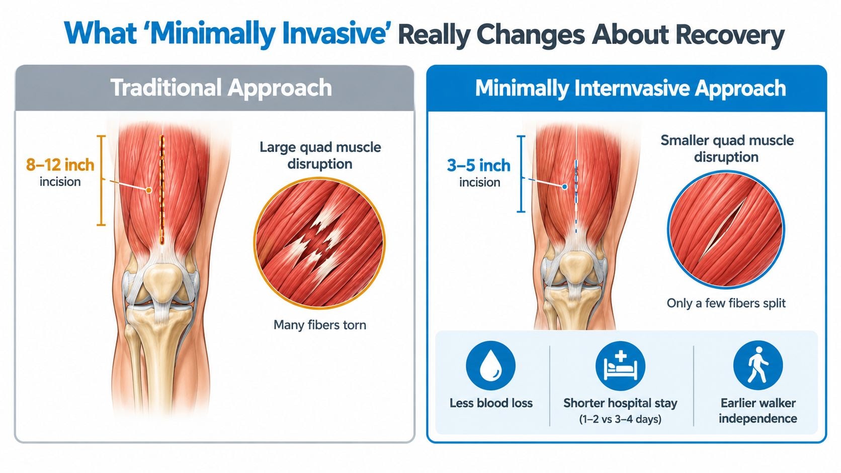 A comparison illustration showing the differences between traditional and minimally invasive knee replacement surgery recovery.