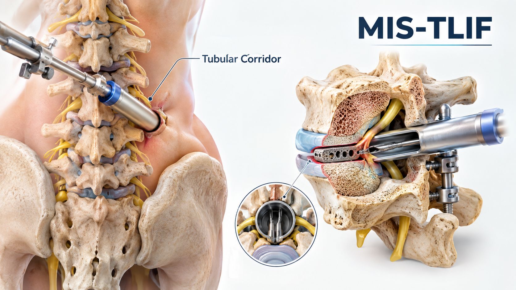 A detailed medical illustration showing a minimally invasive lumbar spinal fusion procedure using a tubular retractor system.