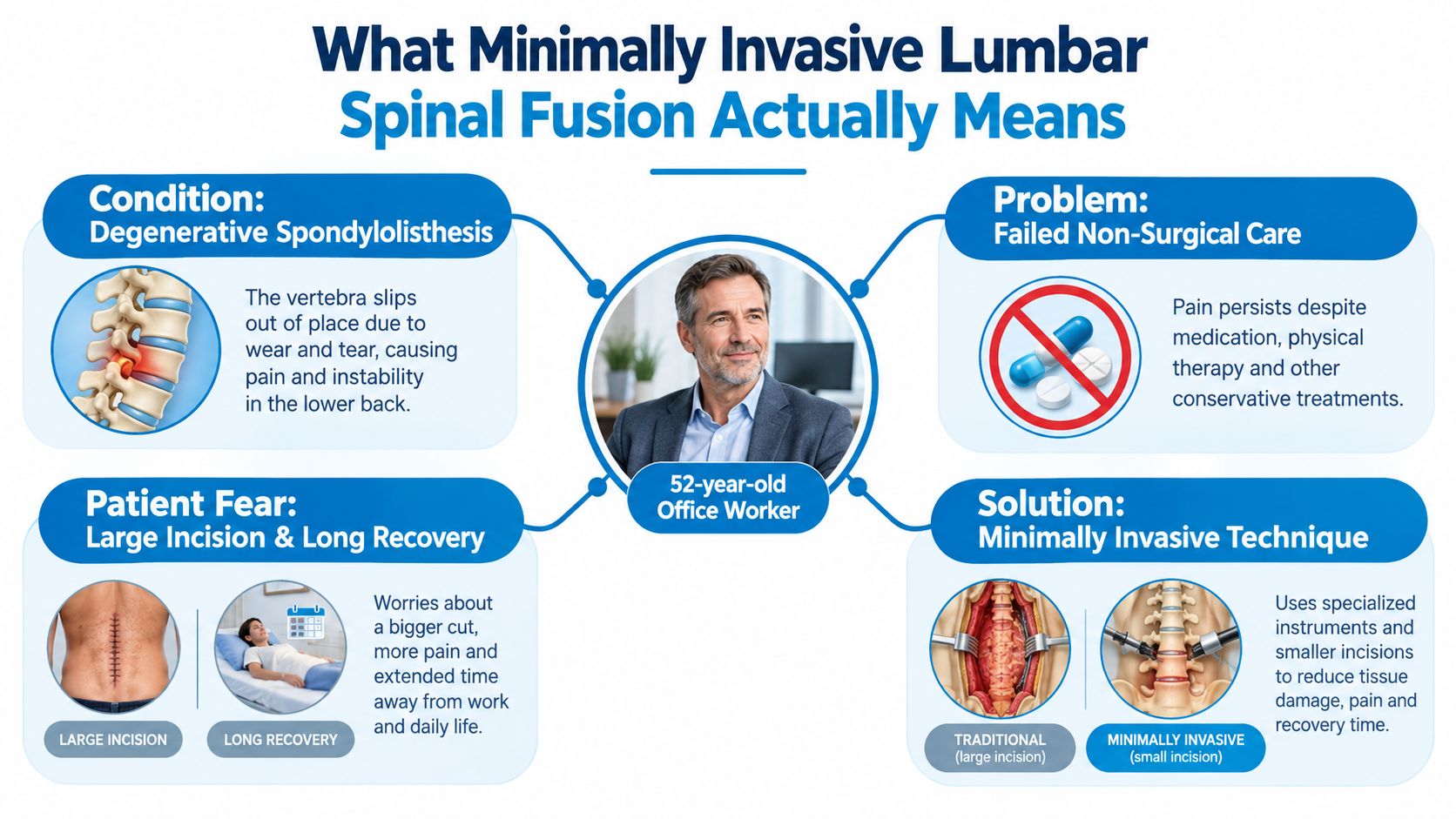 An infographic explaining the benefits and procedure of minimally invasive lumbar spinal fusion for back pain treatment.