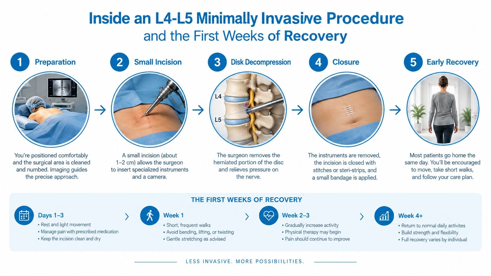 A step-by-step infographic illustrating a minimally invasive L4-L5 spinal procedure and the subsequent recovery timeline for patients.