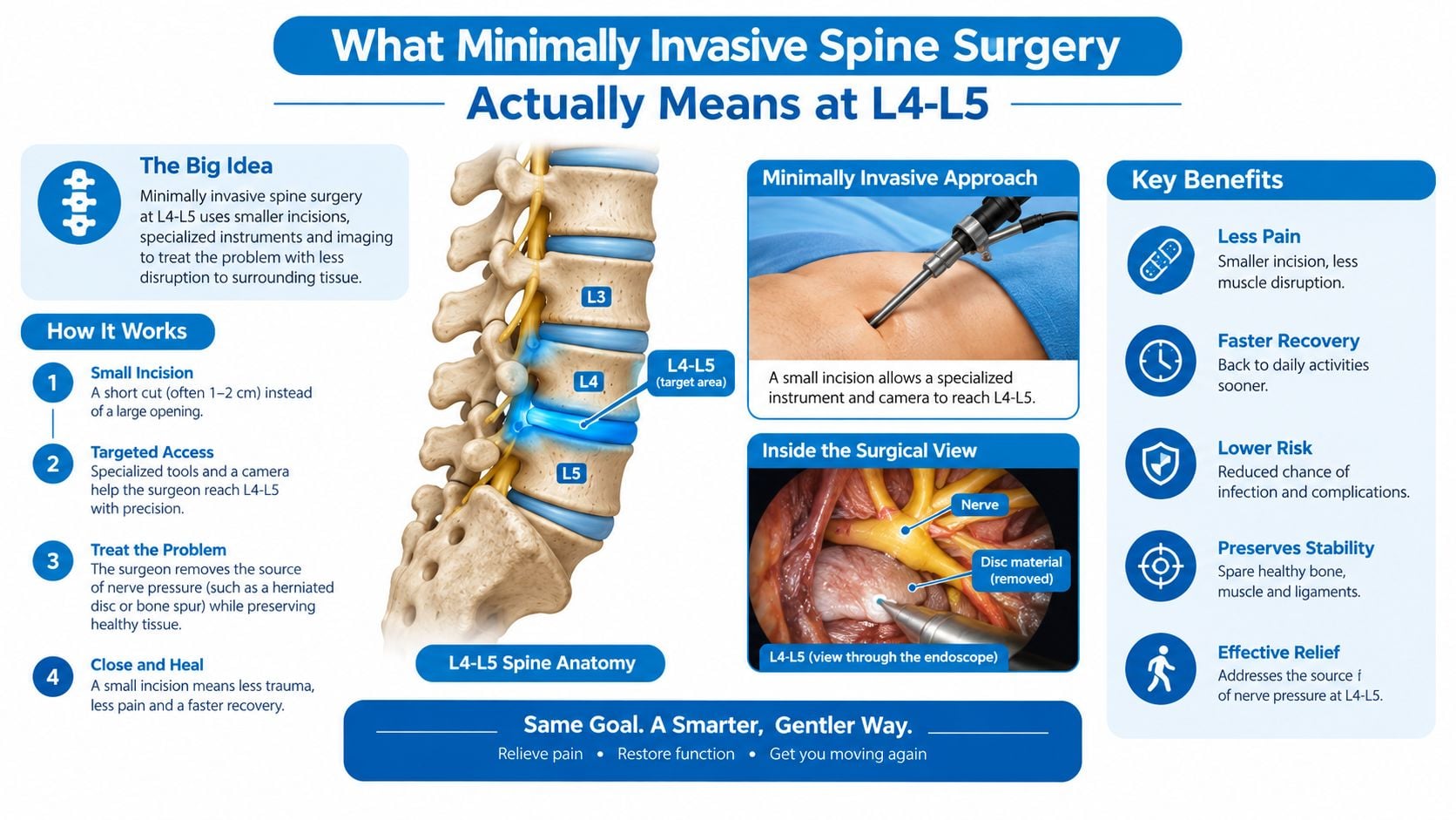 An infographic explaining the benefits and procedure of minimally invasive spine surgery at the L4-L5 vertebrae level.