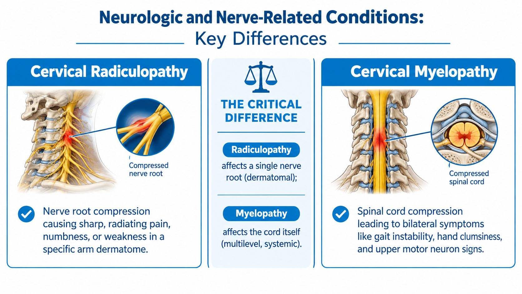 An infographic comparing cervical radiculopathy caused by nerve root compression and cervical myelopathy caused by spinal cord compression.