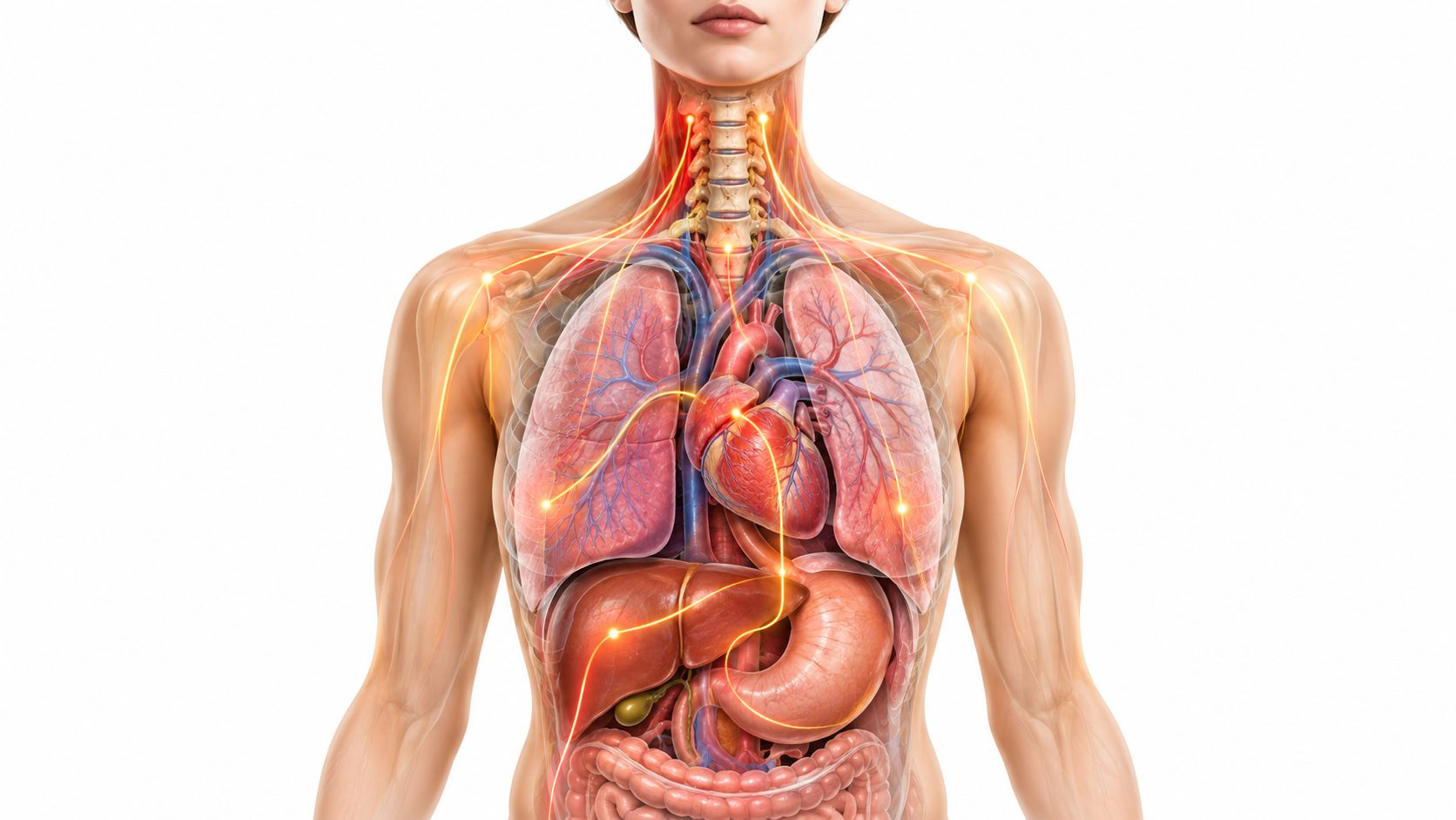 A 3D medical illustration showing the human nervous system and major internal organs in the torso.