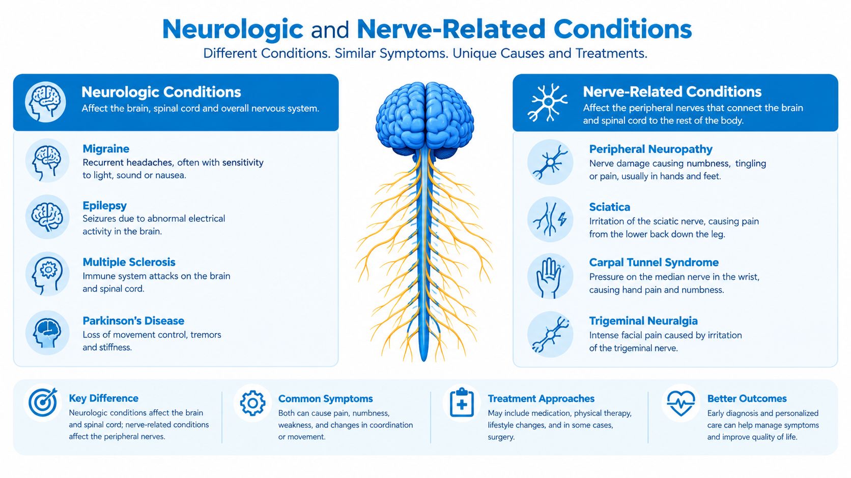 An infographic showing the differences between neurologic conditions and nerve-related conditions with their common symptoms and treatments.