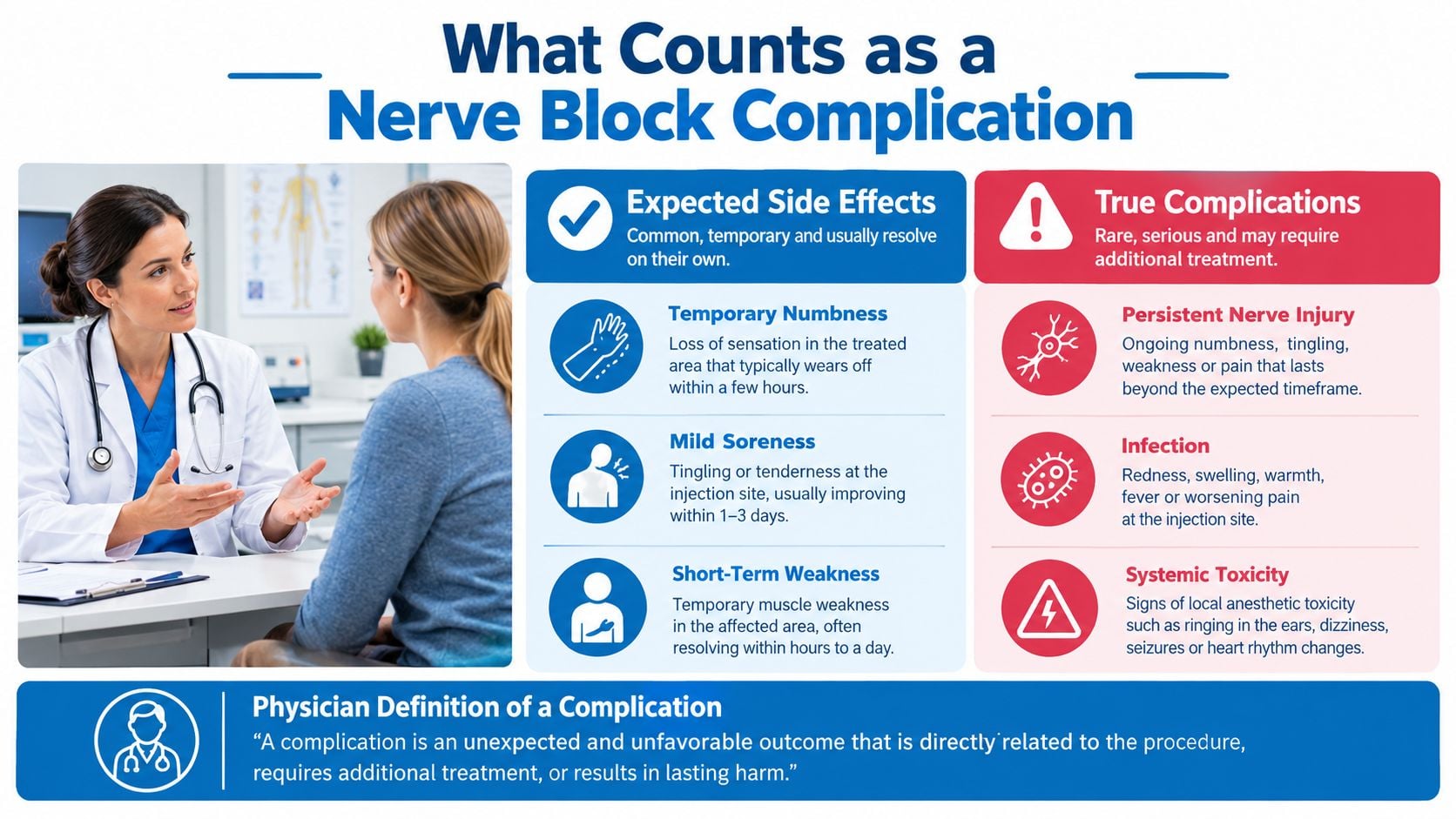 A medical infographic explaining the differences between expected nerve block side effects and true, serious complications.