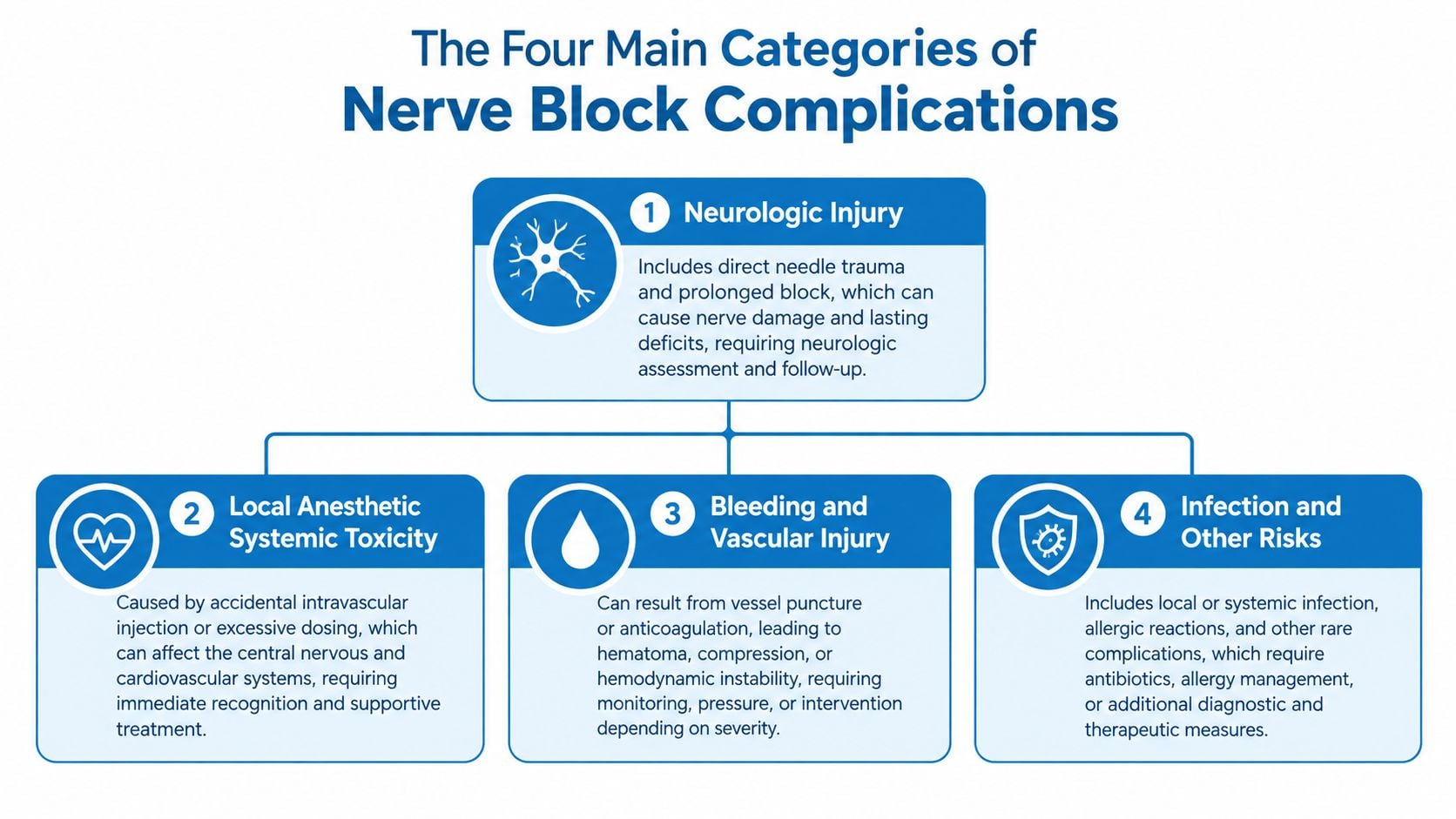 A clear infographic outlining the four main categories of medical complications associated with nerve block procedures.