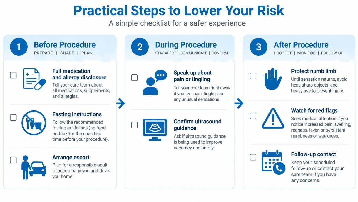 A checklist infographic titled Practical Steps to Lower Your Risk outlining safety precautions for patients before, during, and after medical procedures.