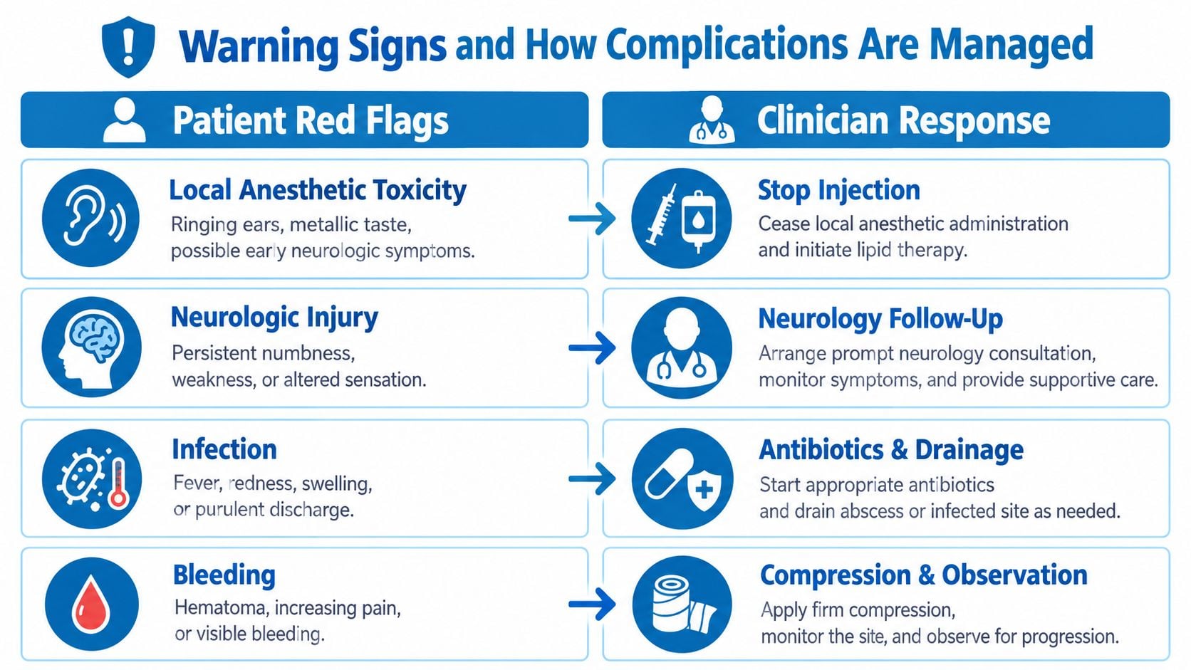 A medical infographic outlining common patient red flags for nerve block procedures and their corresponding clinical management steps.