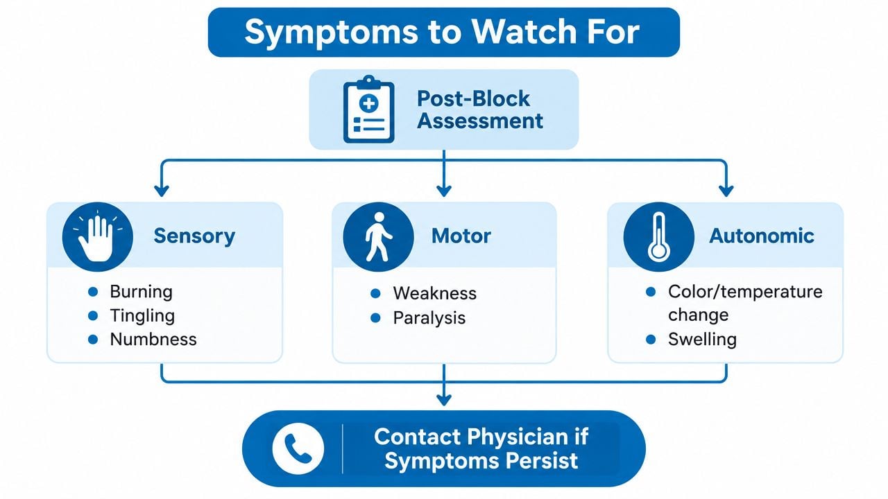 A medical flowchart listing sensory, motor, and autonomic nerve block warning symptoms requiring physician contact.