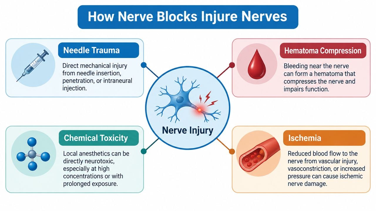 A diagram explaining the four primary mechanisms that cause nerve injury during nerve block procedures.