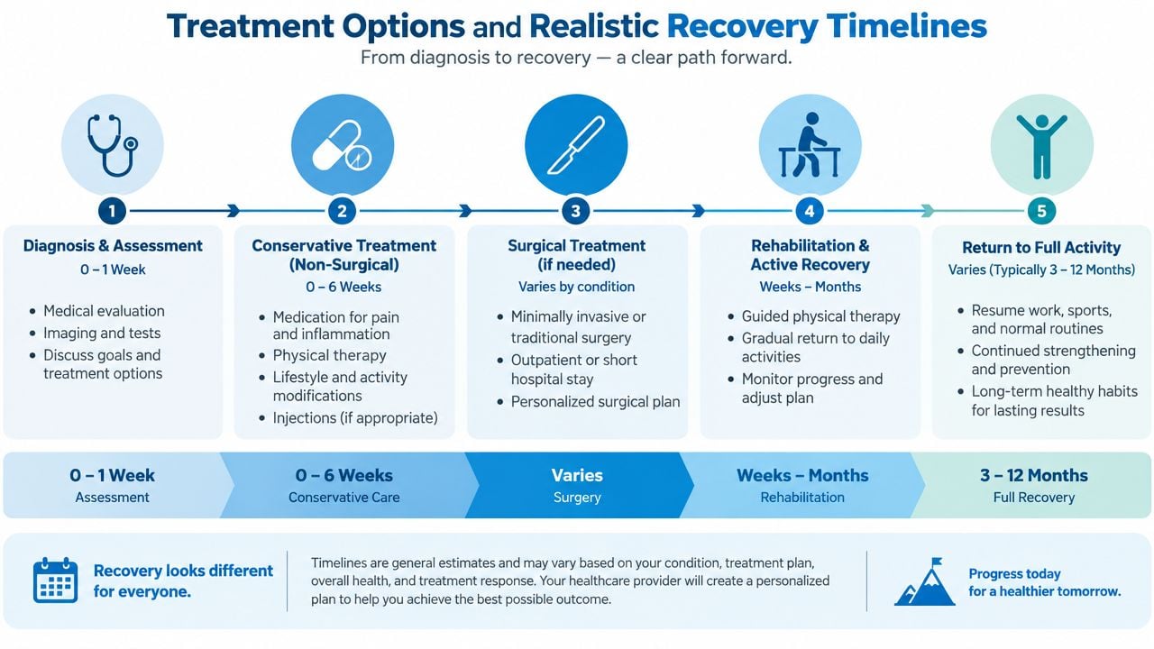 A timeline graphic showing the five steps of medical recovery from diagnosis to returning to full activity.