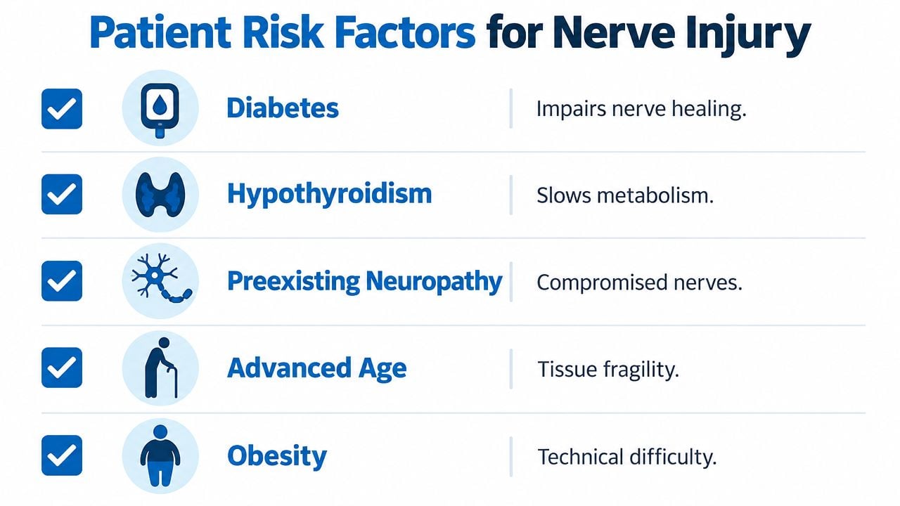 A list of five patient risk factors for nerve injury, including diabetes, hypothyroidism, neuropathy, age, and obesity.