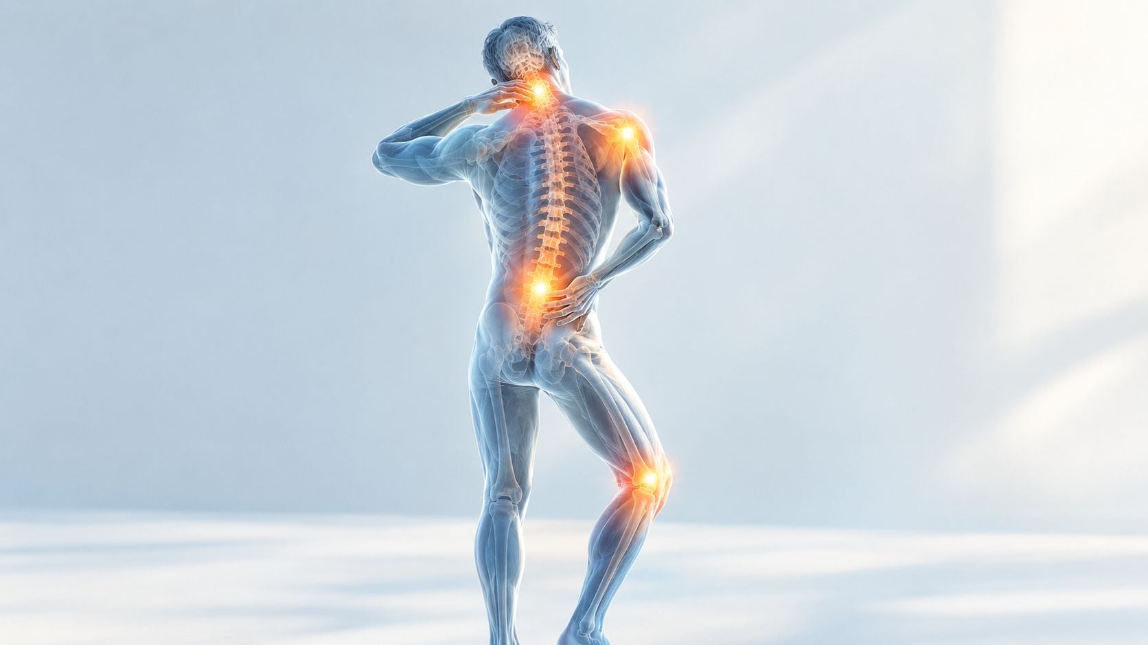 A human figure showing highlighted pain areas in the neck, spine, shoulder, and knee joints.