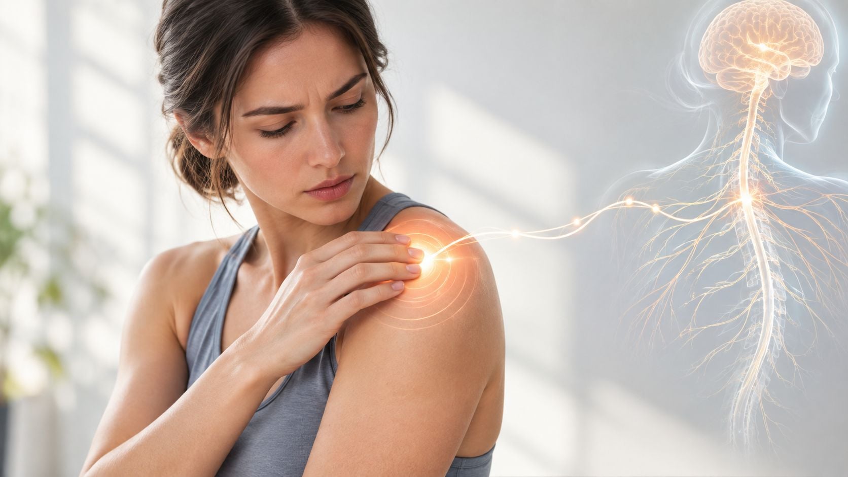 A woman holding her shoulder experiencing pain with a digital illustration showing nerves connecting to her brain.