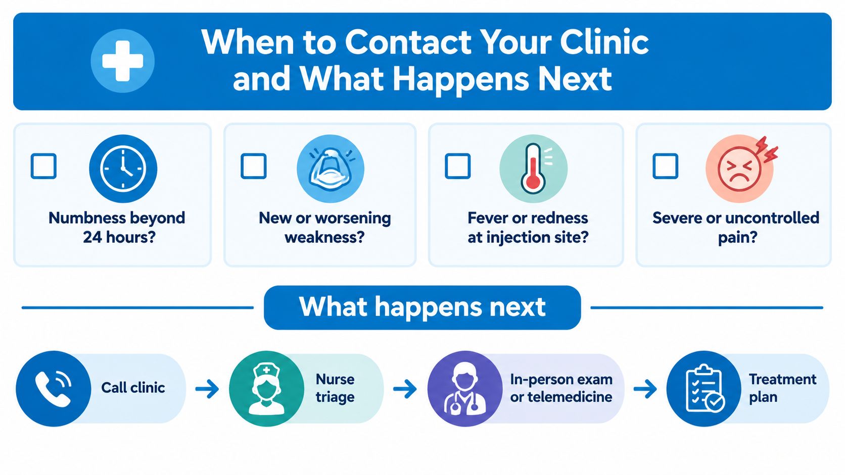 An infographic detailing symptoms that require contacting your clinic after a medical procedure and the following care steps.