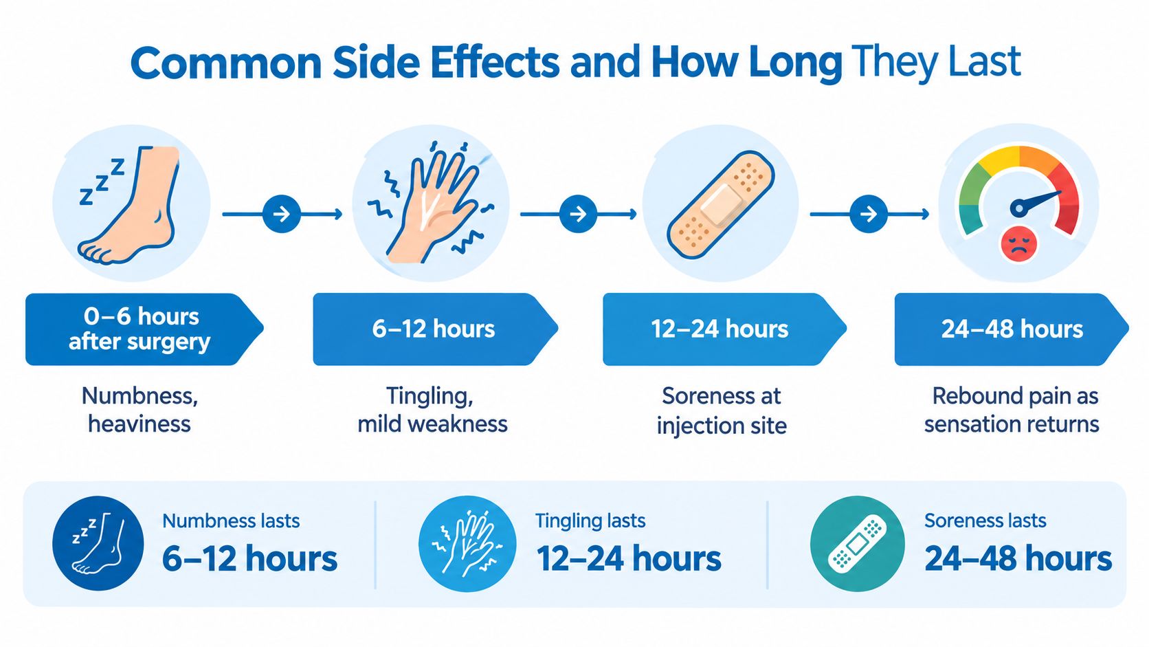 A timeline graphic showing common side effects after surgery including numbness, tingling, and pain with duration.