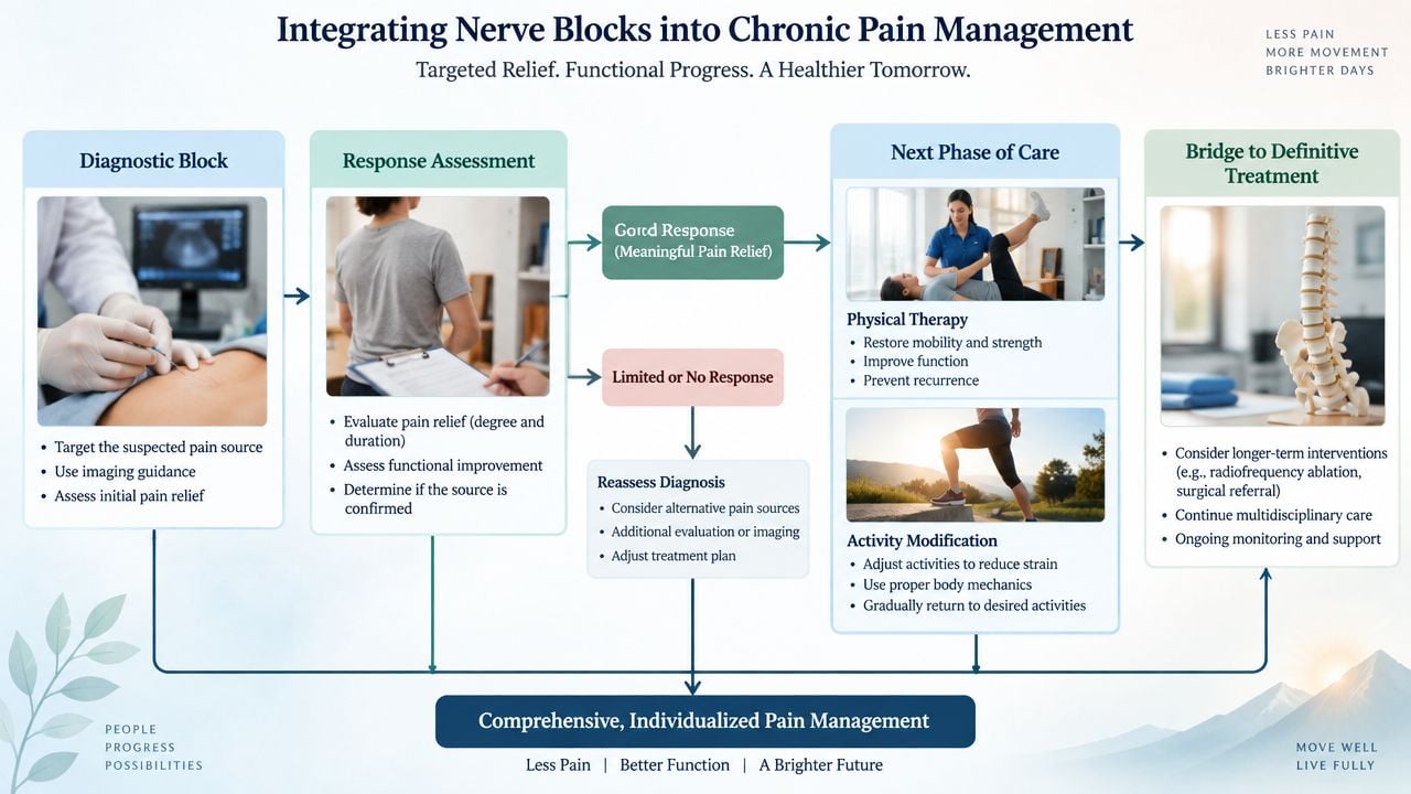A diagram illustrating the clinical process of integrating nerve blocks into a chronic pain management treatment plan.