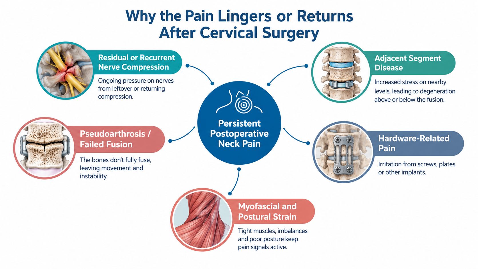 An infographic detailing five common causes of persistent neck pain following cervical spine surgery.