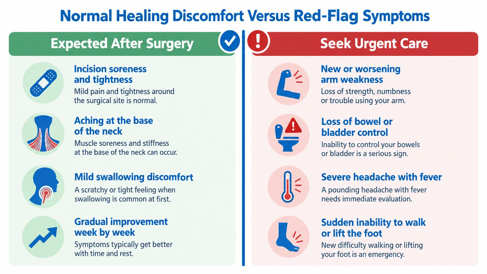 A chart comparing normal post-surgery healing discomfort with urgent red-flag symptoms that require immediate medical attention.