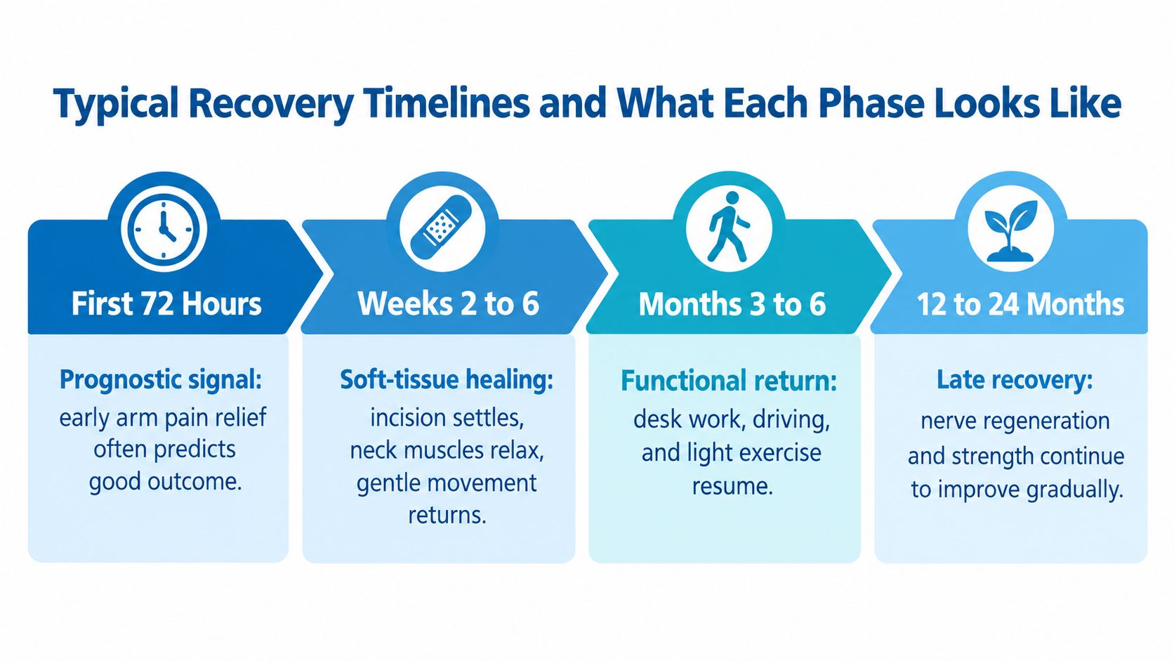 A recovery timeline chart detailing post-surgery healing stages from the first 72 hours to 24 months.