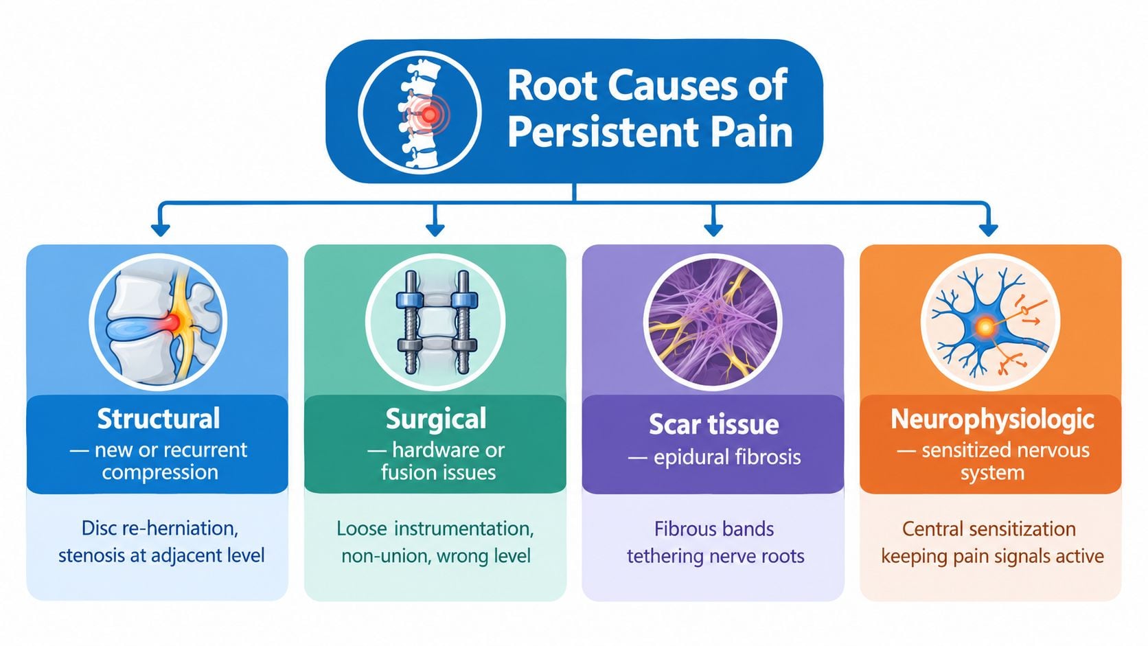 An infographic showing four root causes of persistent pain including structural, surgical, scar tissue, and neurophysiologic factors.