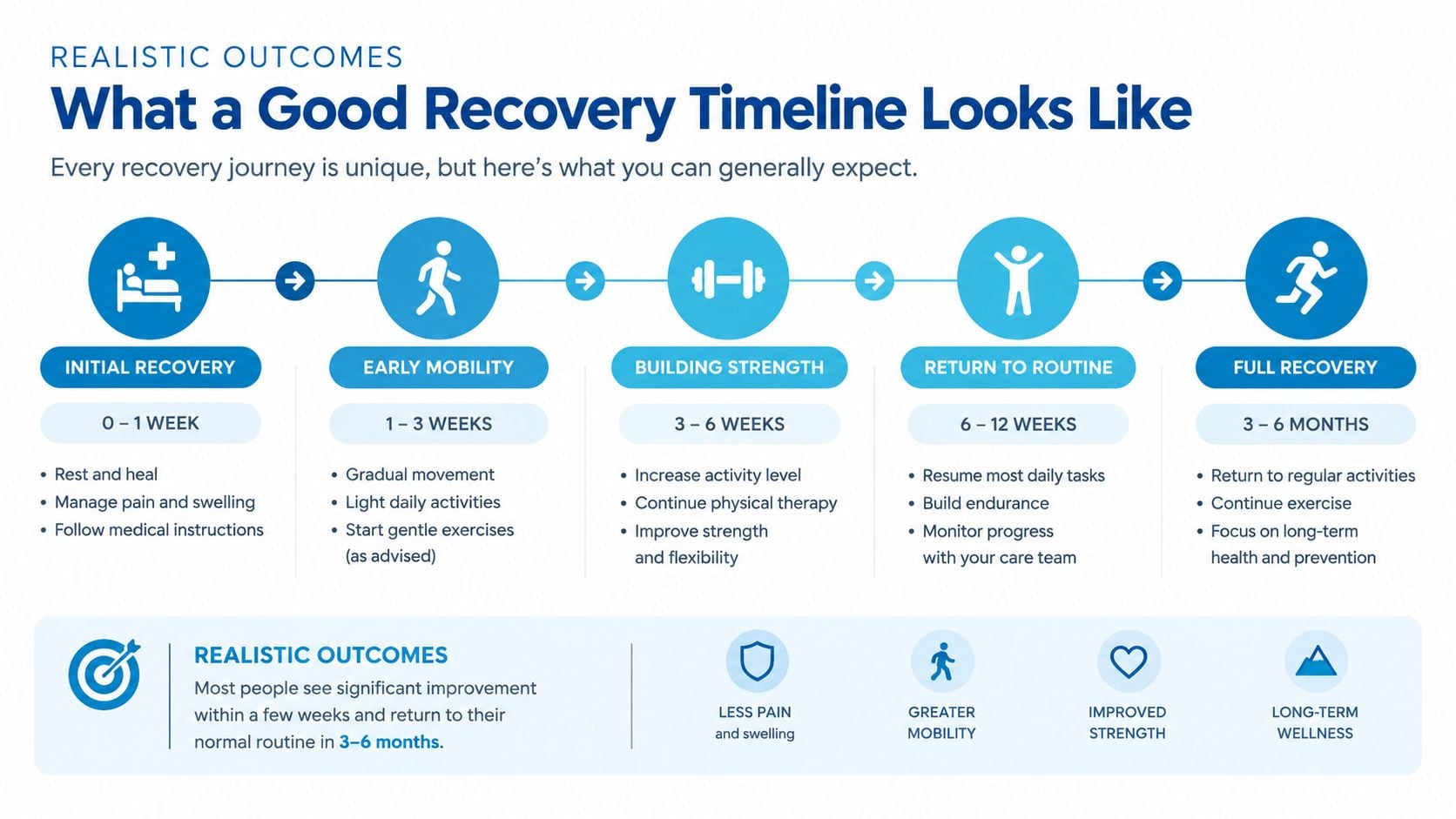 A timeline graphic illustrating the stages of recovery, from initial rest to returning to full daily activities.