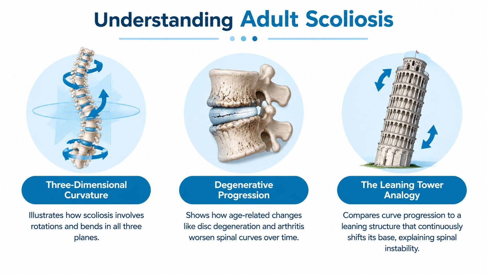 An educational infographic illustrating three core concepts of adult scoliosis: three-dimensional curvature, degenerative progression, and instability.
