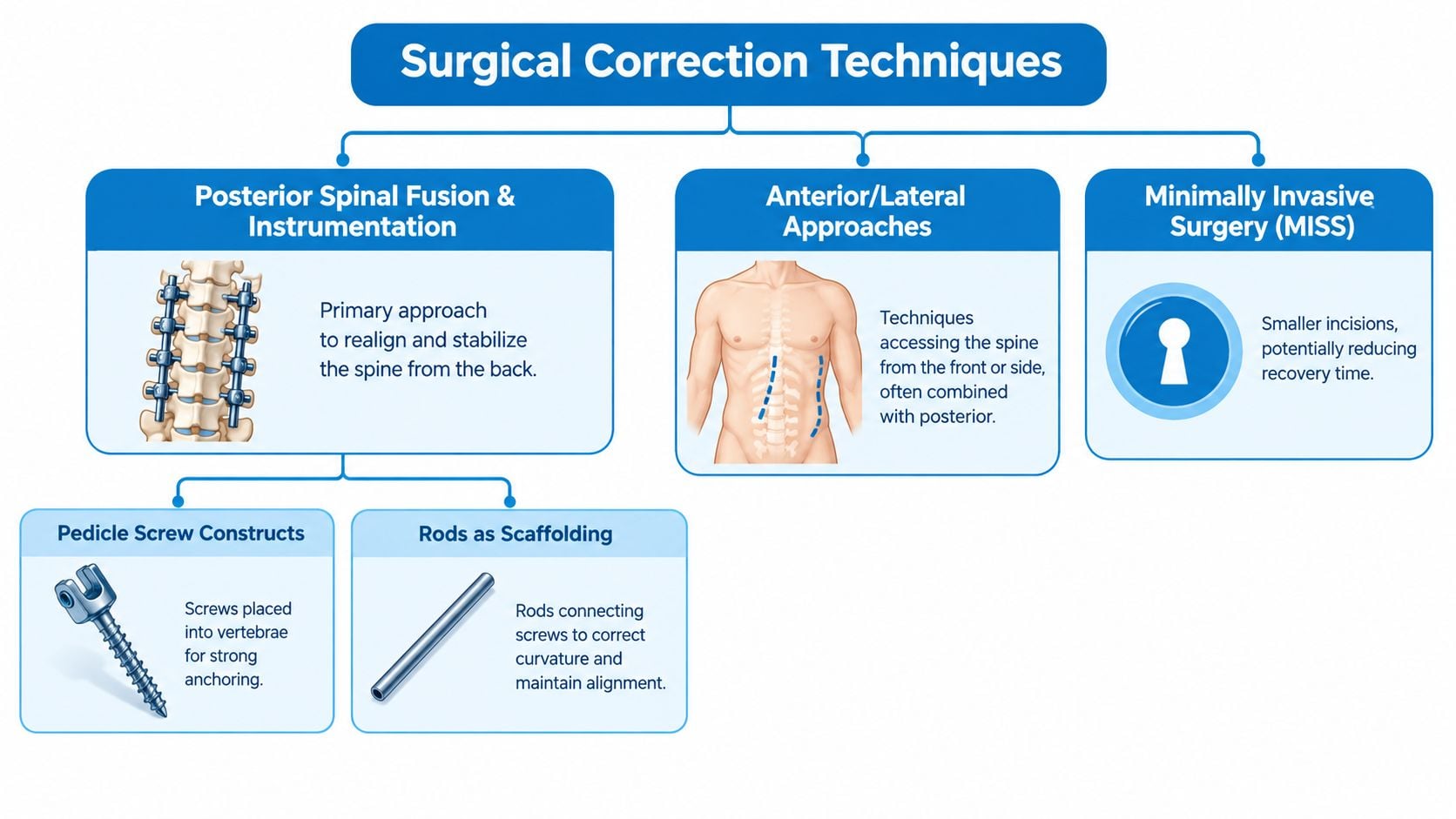 An infographic showing surgical correction techniques for spinal conditions like scoliosis, including fusion and minimally invasive options.