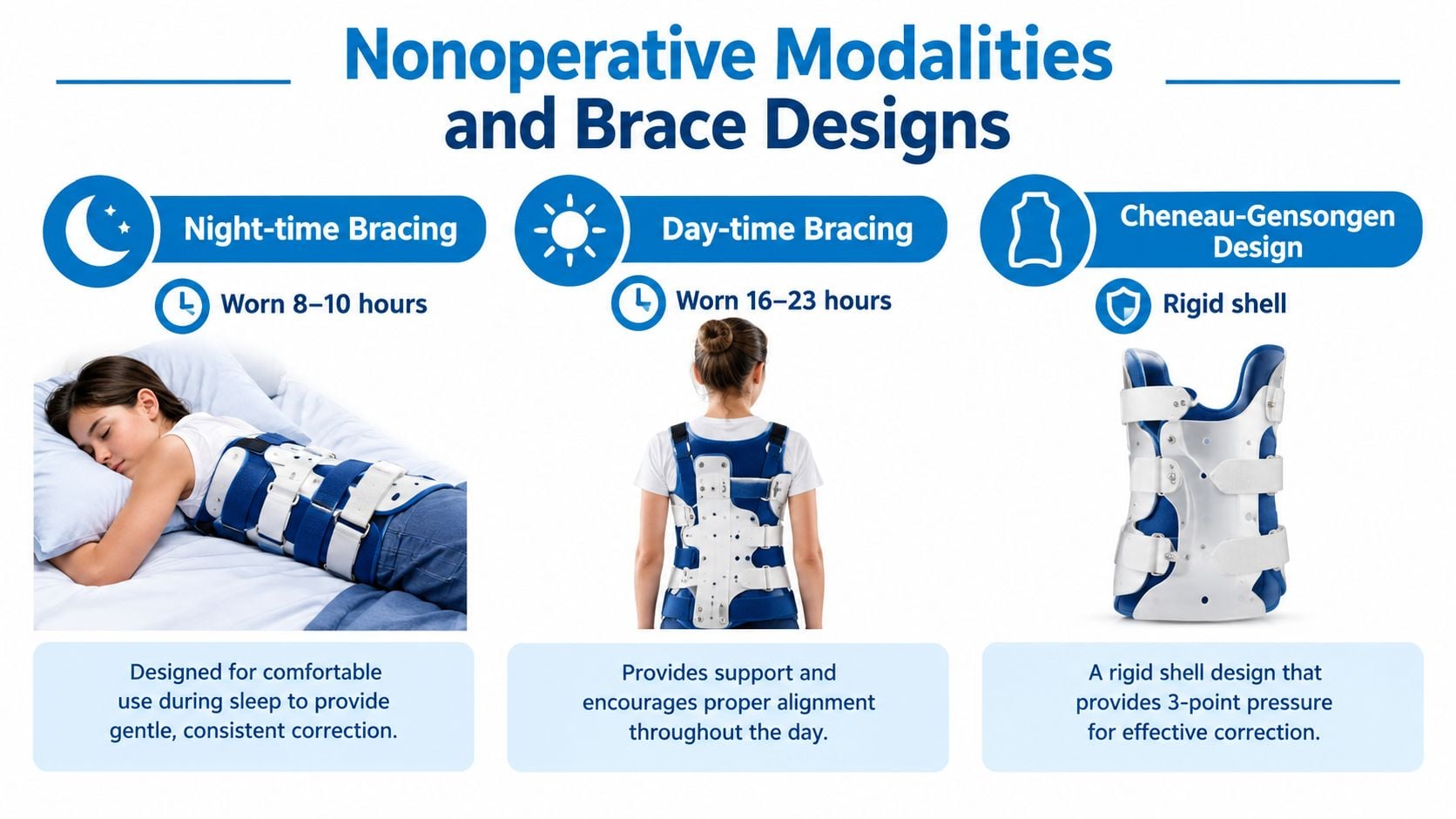 A visual guide comparing nonoperative scoliosis treatment options including night-time bracing, day-time bracing, and the Cheneau-Gensongen rigid shell design.