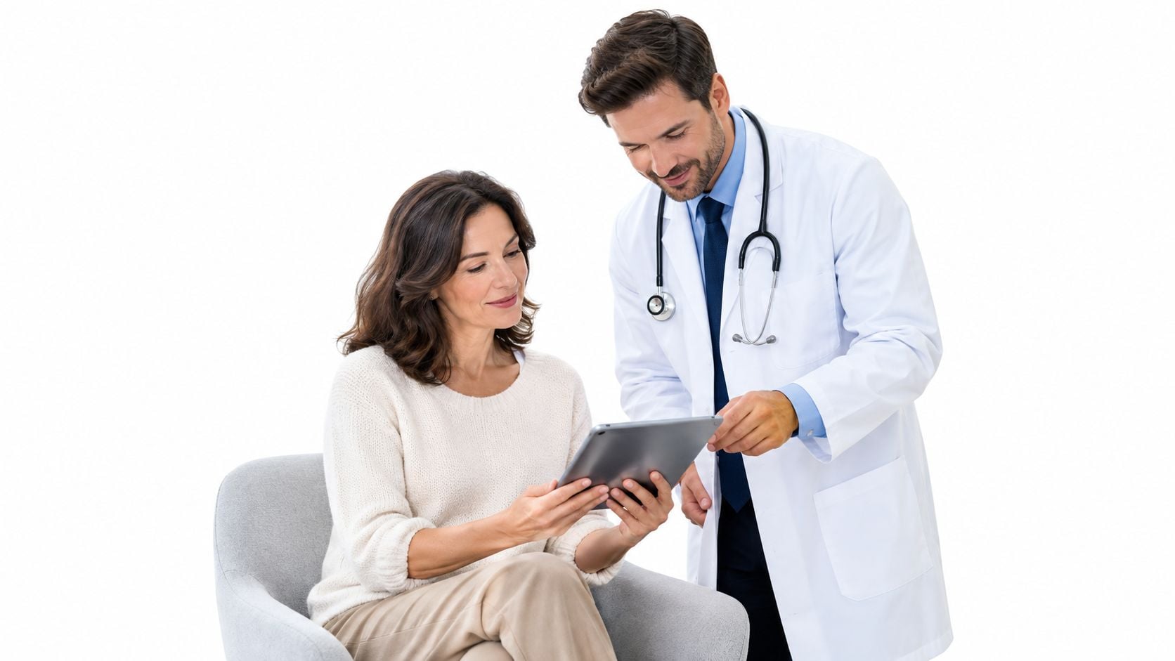 A friendly male doctor in a white coat explains medical information to a female patient on a tablet.