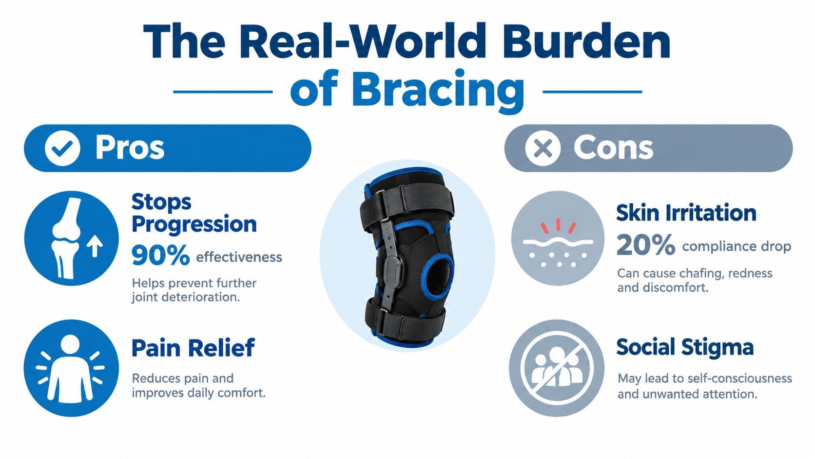A comparative infographic showing the pros and cons of using knee bracing for joint conditions.