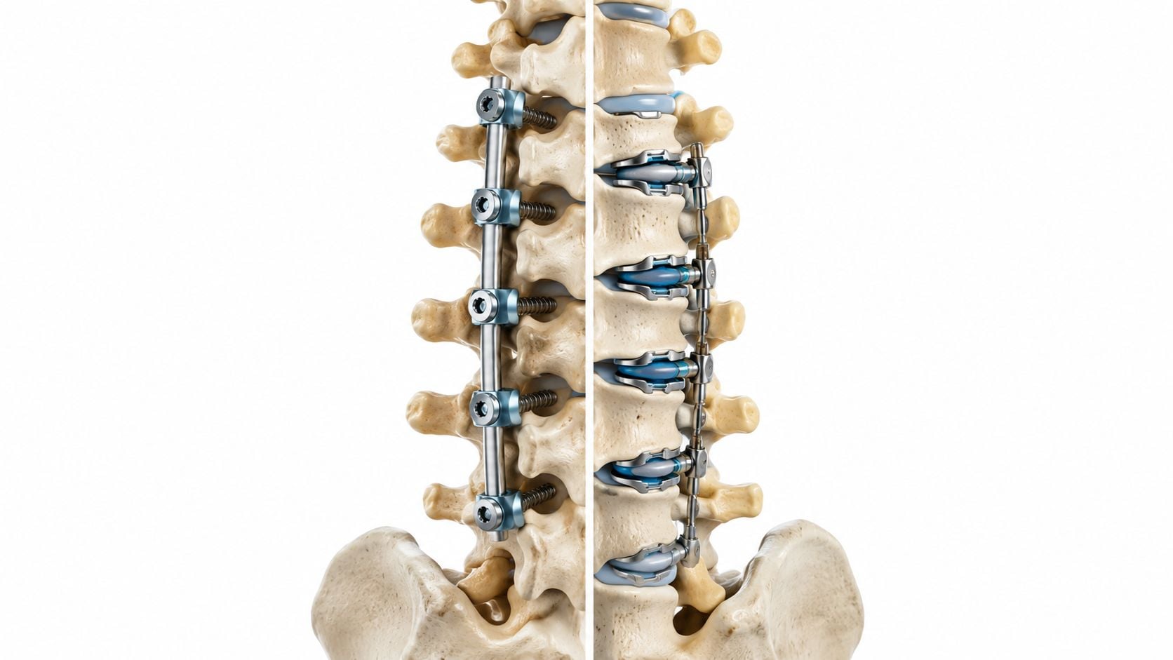 A 3D medical illustration comparing pedicle screw fixation with spinal stabilization implants for surgical scoliosis treatment options.