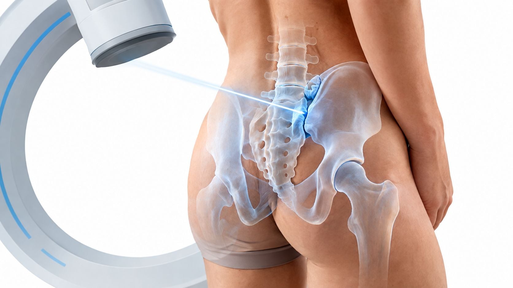 A medical illustration showing fluoroscopy guided sacroiliac joint injection on a patient's lower back anatomy.