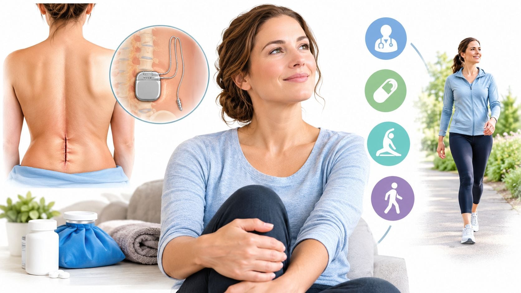 A woman recovers from spinal cord surgery, showing the implant, medication, and her return to active walking.