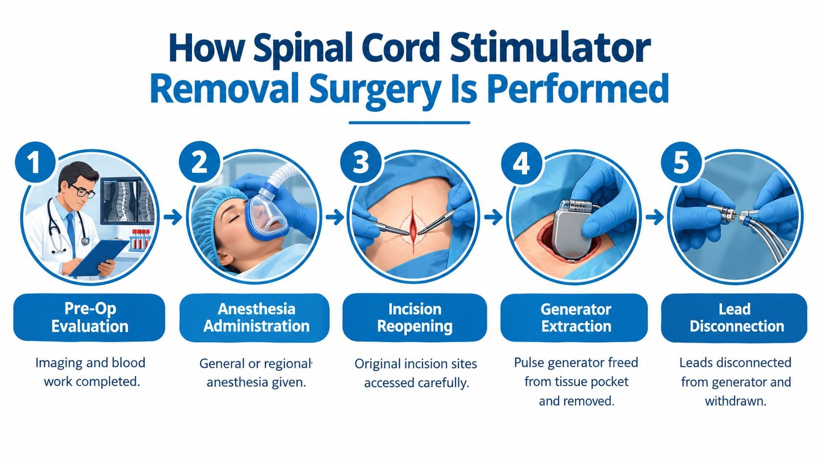A five-step infographic illustrating the medical procedure for the surgical removal of a spinal cord stimulator.