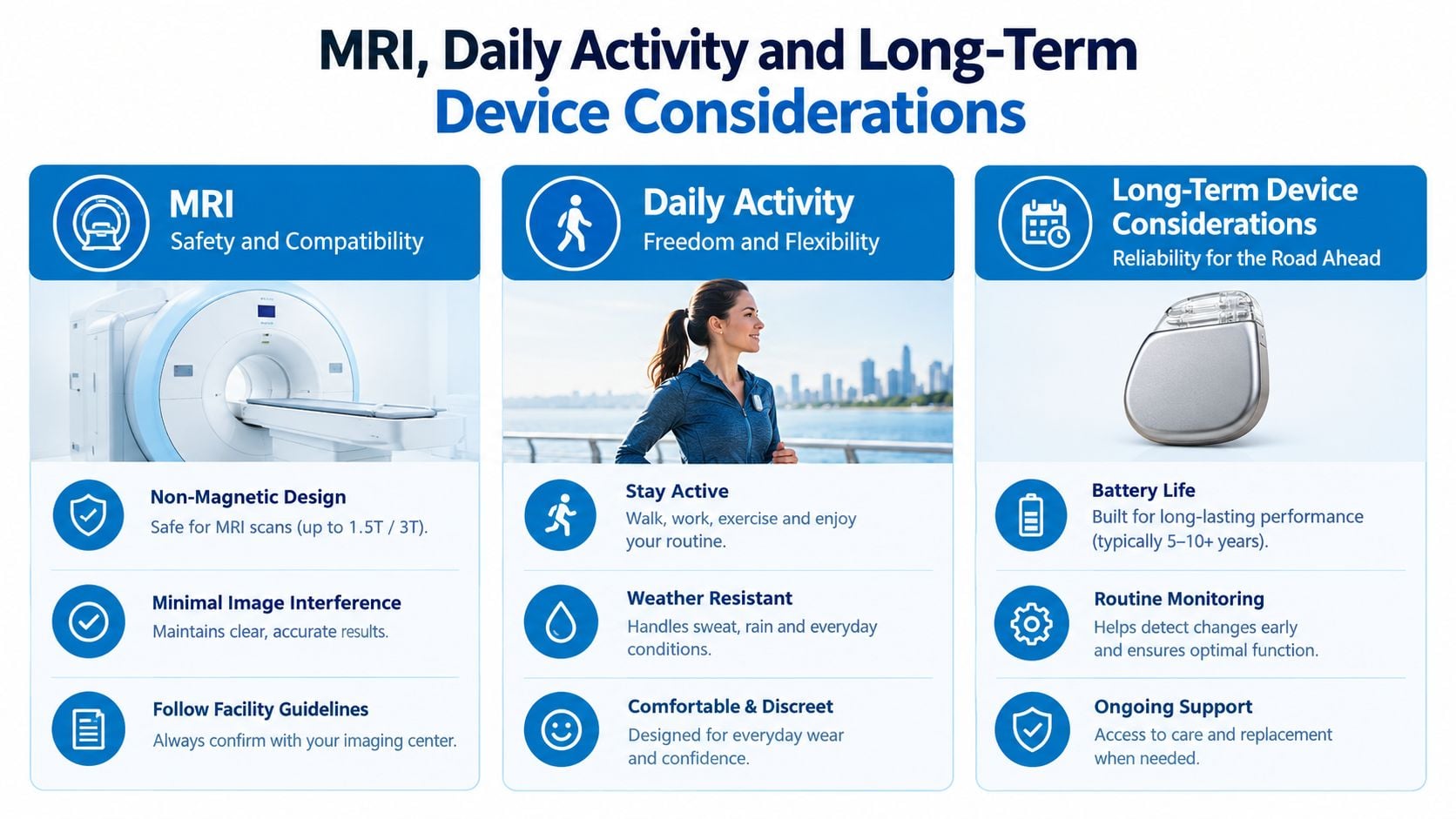 An infographic detailing MRI compatibility, daily activity, and long-term care for a medical spinal cord stimulator device.