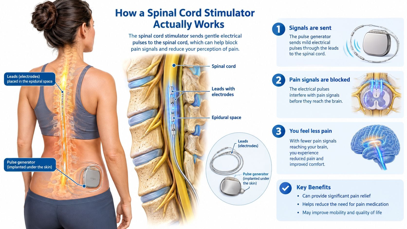 A diagram illustrating how an implanted spinal cord stimulator sends electrical pulses to relieve chronic pain.