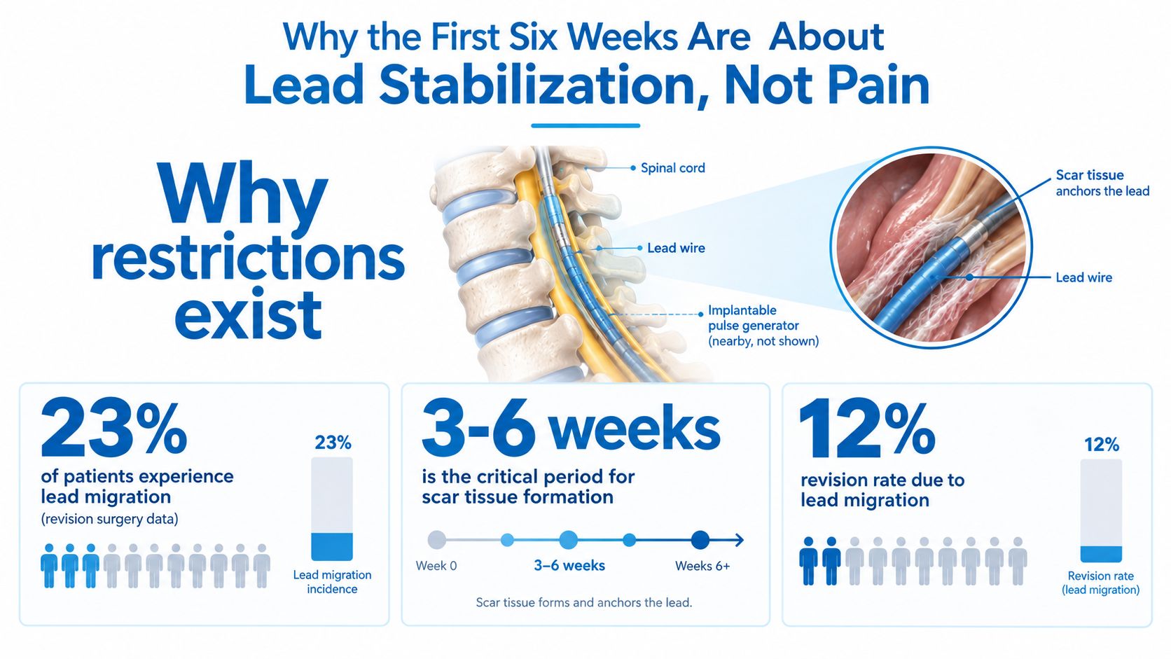 An infographic explaining why lead stabilization is critical during the first six weeks after spinal cord stimulation surgery.