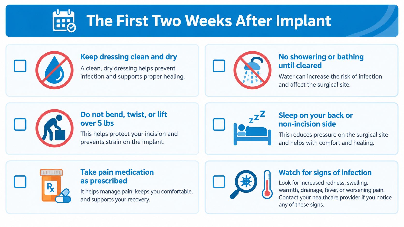 A checklist infographic titled The First Two Weeks After Implant outlining post-surgery recovery instructions for patients.