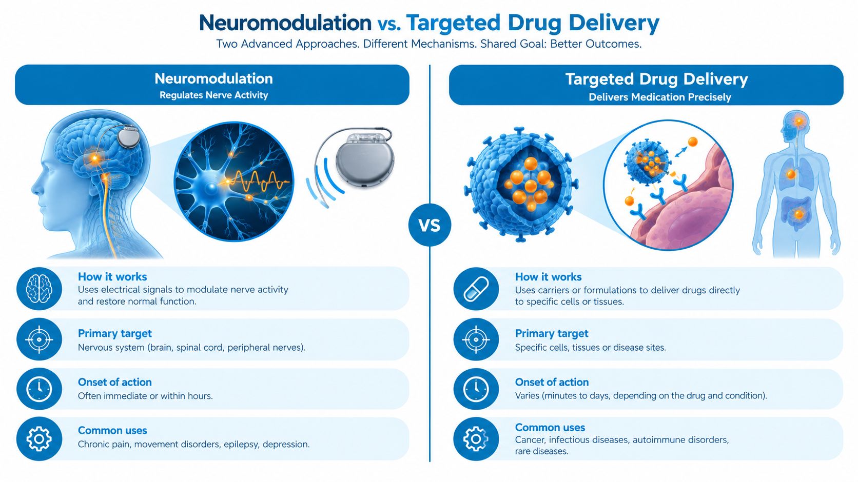 A comparison infographic between neuromodulation technology and targeted drug delivery systems for treating various medical conditions.