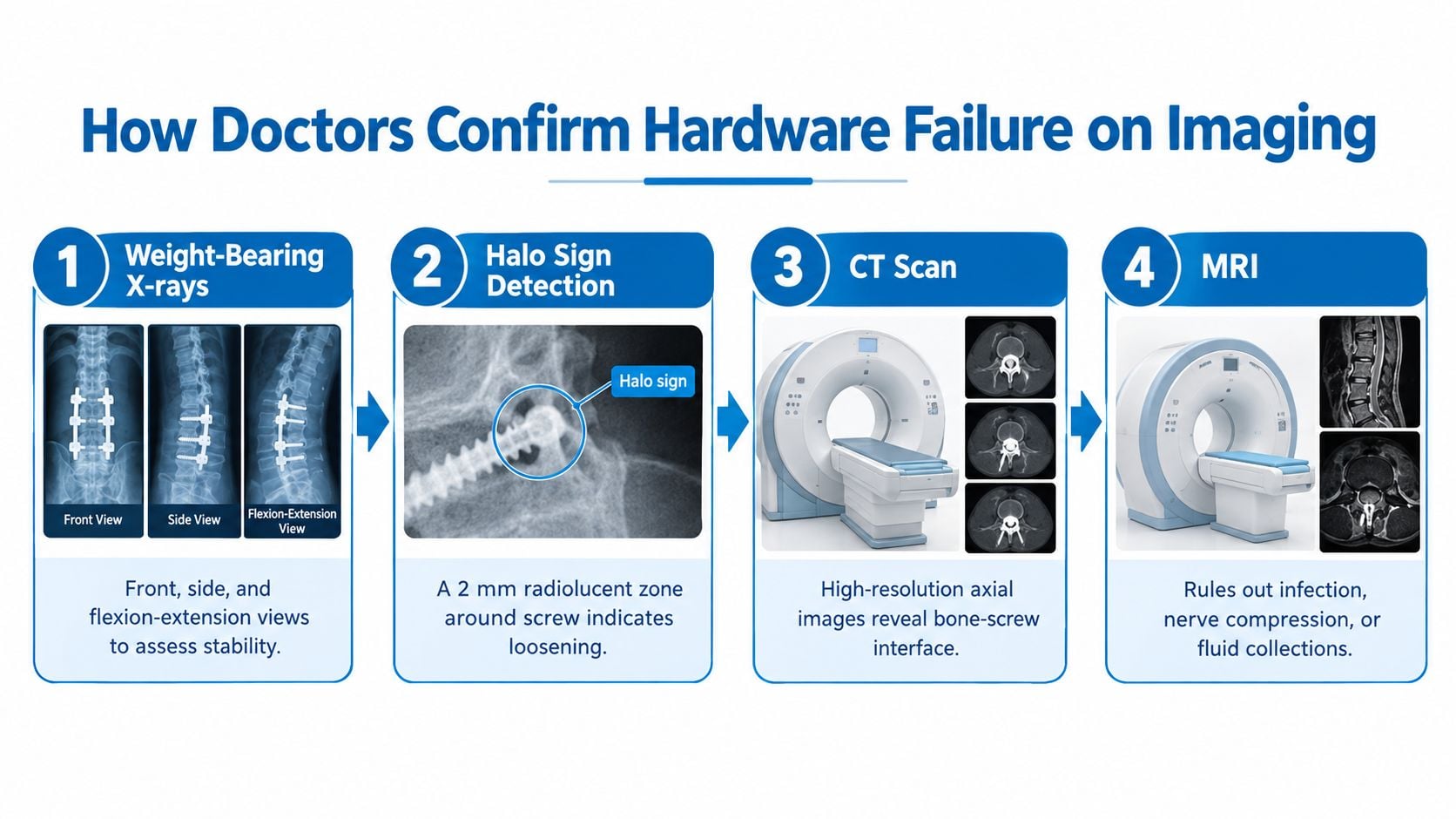 An infographic showing four medical imaging methods doctors use to diagnose spinal fusion hardware failure, including X-rays and MRI.
