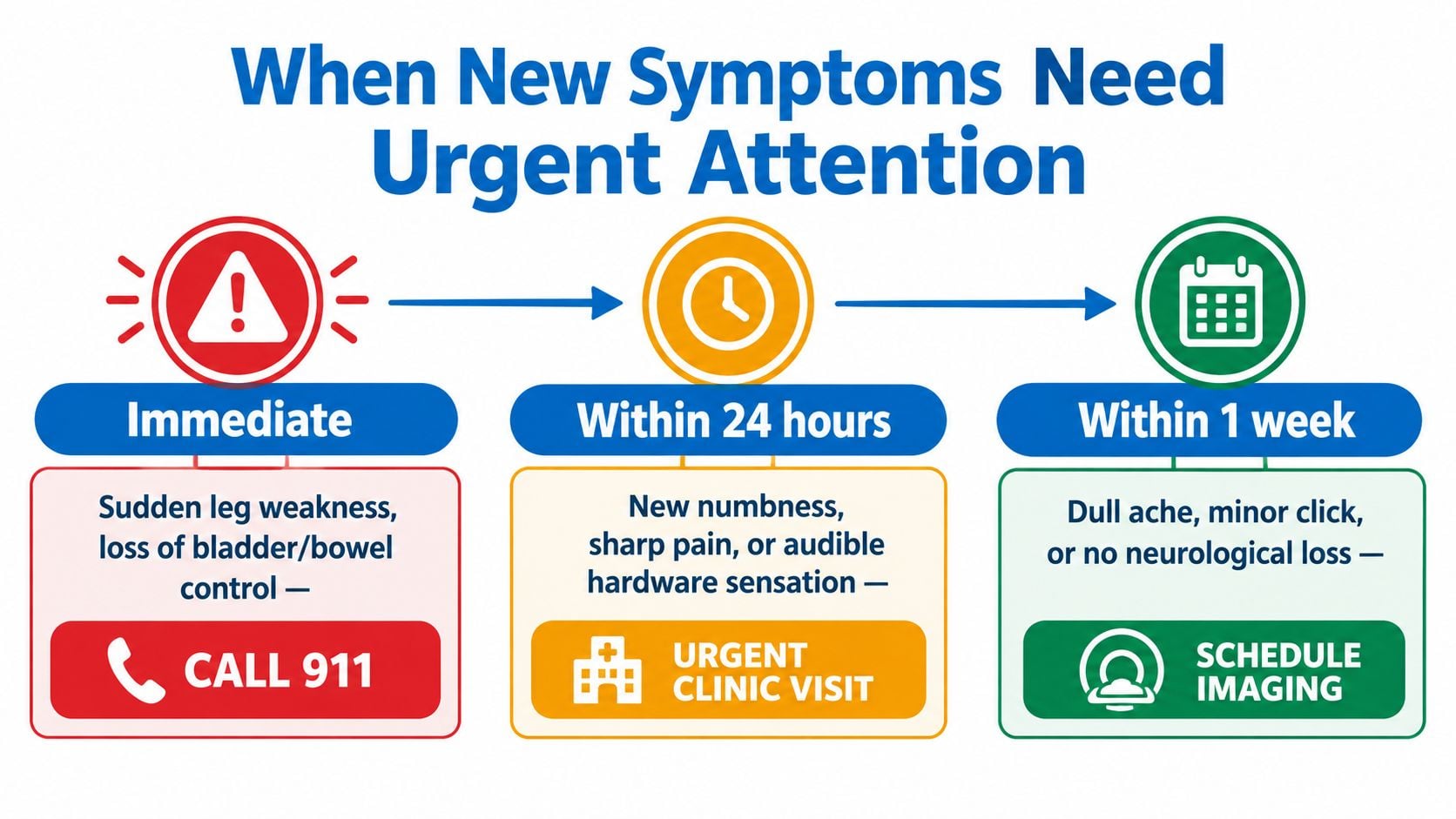 A flowchart infographic displaying medical urgency levels for new symptoms, including actions like calling 911.