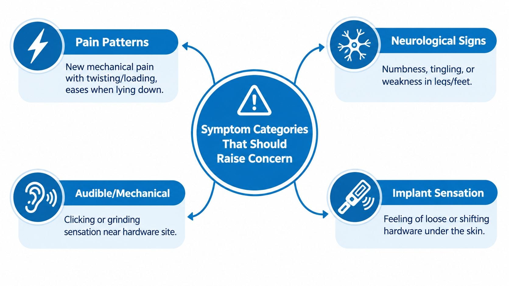 A diagram illustrating four key symptom categories that should raise concern regarding spinal fusion hardware failure.