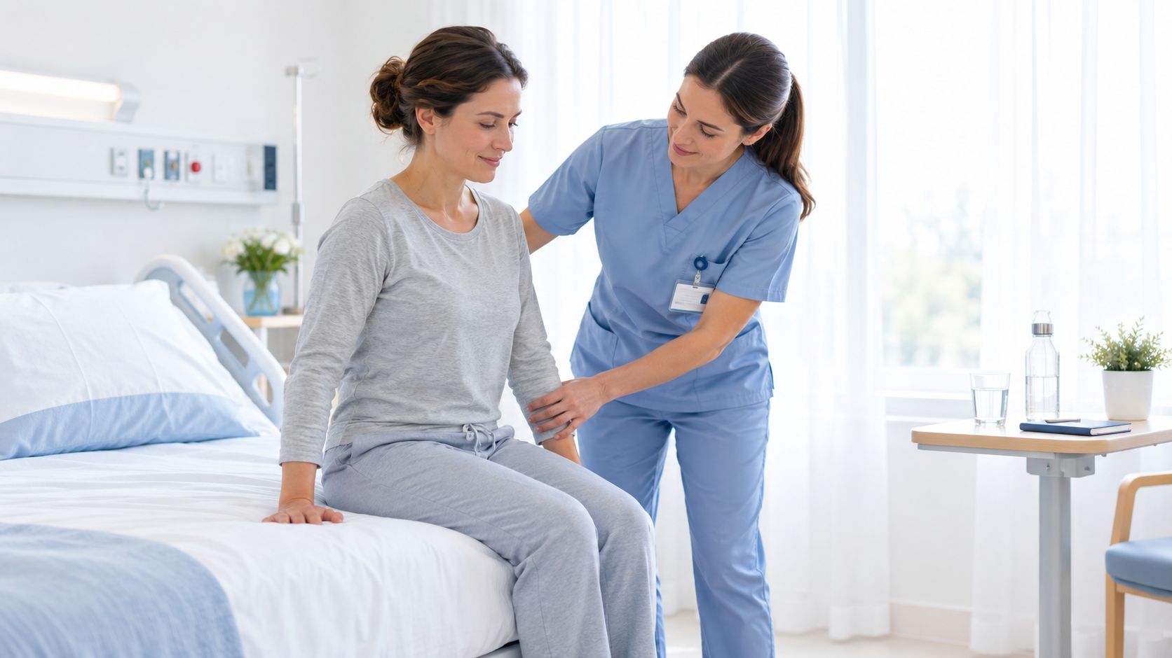 A friendly nurse assists a patient sitting on the edge of a hospital bed during rehabilitation.